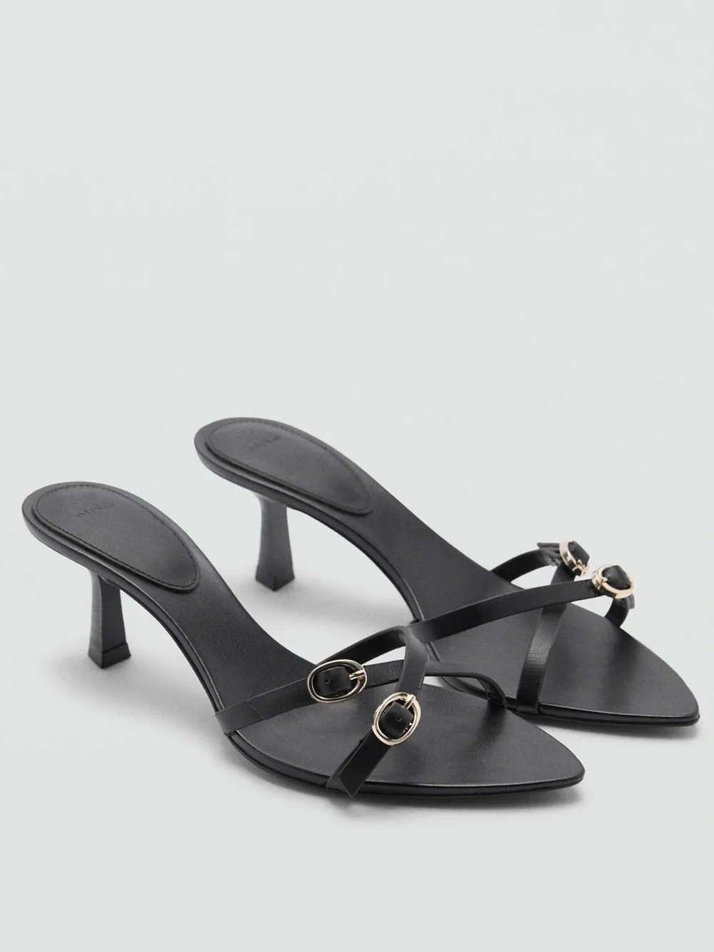 Mango Black Leather Buckle Strappy Kitten Heel Sandals Size 36 / US 6 NWT